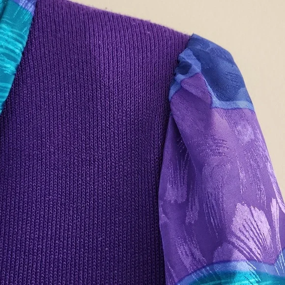 Vintage Purple & Teal Satin Skirt / Sweater Set sz 12 2pc floral print suit - Picture 3 of 7